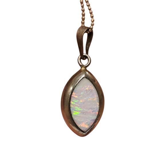 Sterling Silver Fire Opal Pendant Necklace - Marquise Cut - Picture 2 of 4